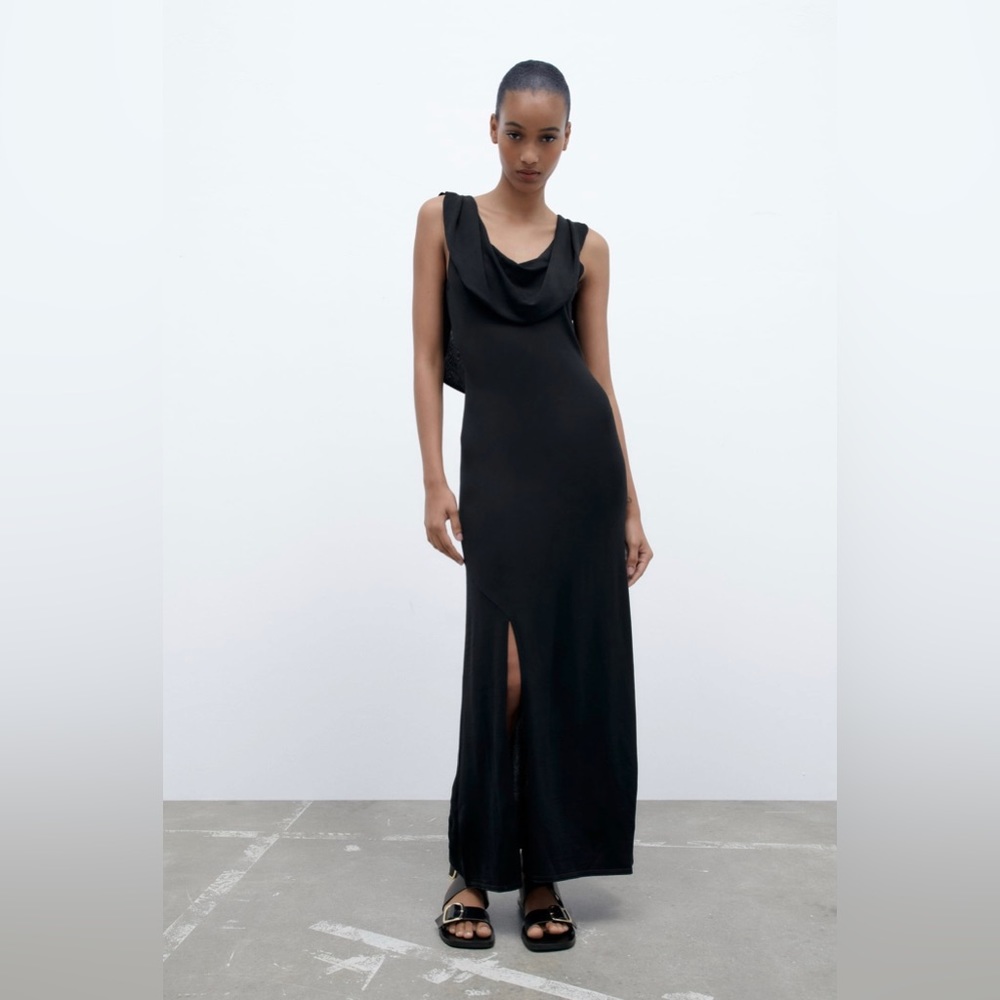 Zara Black Fluid Neckline Maxi Knit Dress - Size Large- NWT